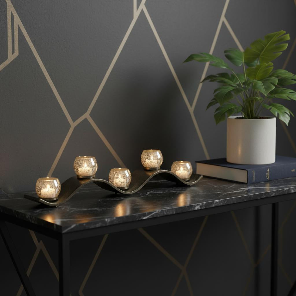 7 Silver Distressed Abstract Metal And Glass Tabletop Hurricane Candle Holder