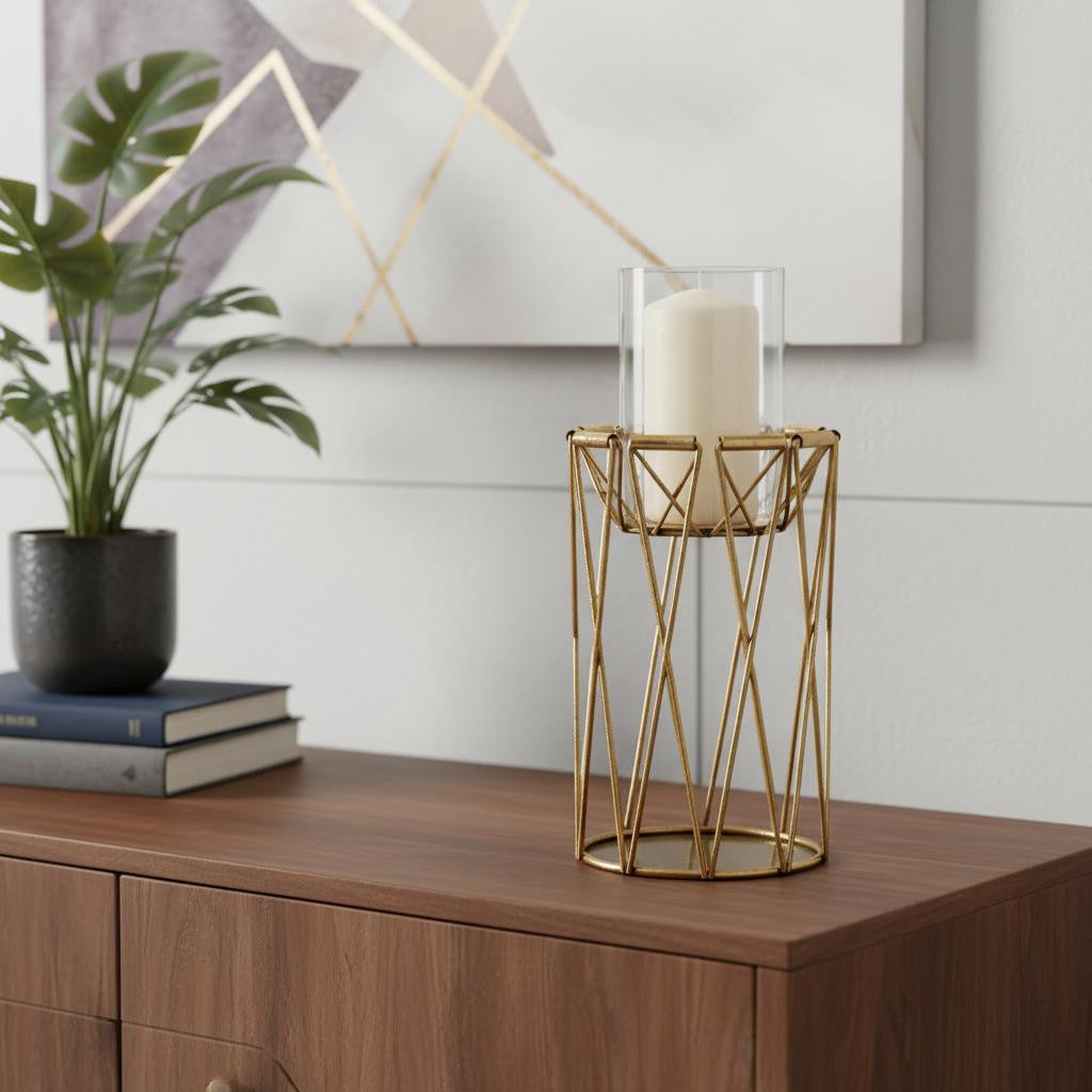 10 Antiqued Brass Distressed Geometric Metal And Glass Tabletop Hurricane Candle Holder