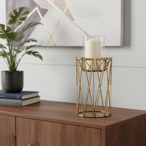 10 Antiqued Brass Distressed Geometric Metal And Glass Tabletop Hurricane Candle Holder