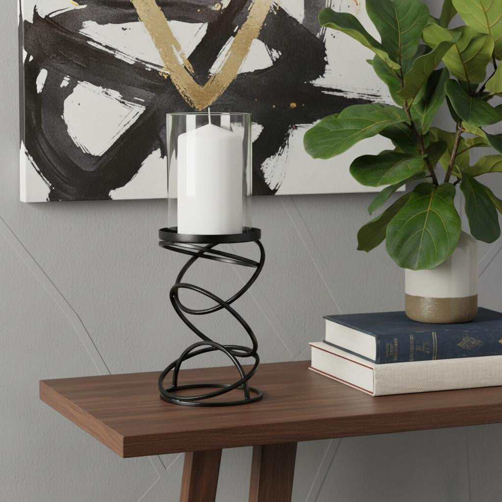 14 Black Geometric Glass And Metal Tabletop Pillar Candle Holder