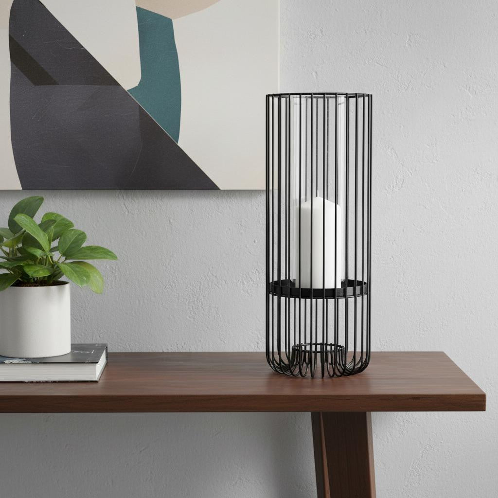 17 Black Abstract Metal And Glass Tabletop Hurricane Candle Holder