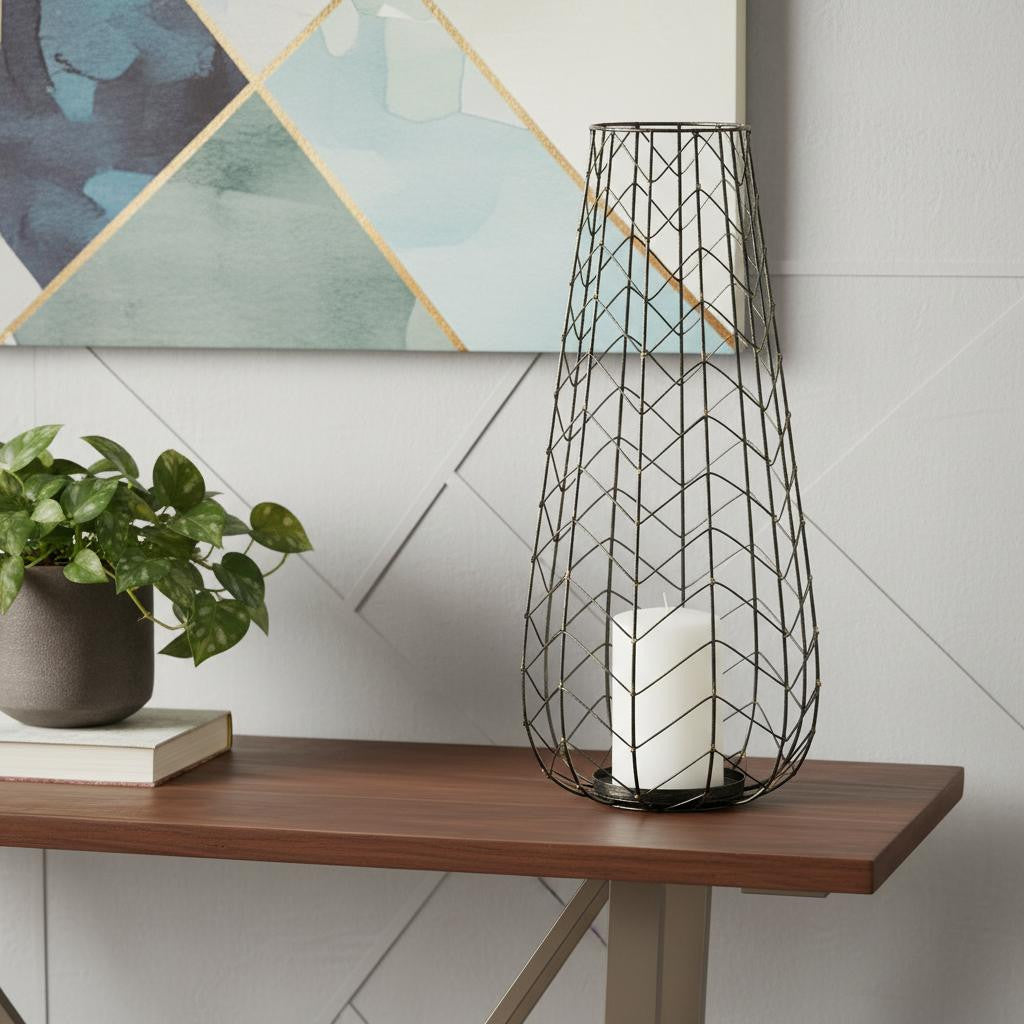 24 Gold Distressed Lattice Metal Tabletop Hurricane Candle Holder