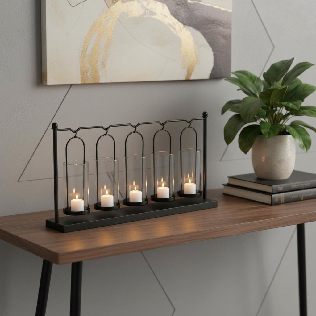 13 Black Geometric Metal And Glass Tabletop Votive Candle Holder