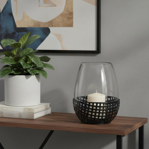 10 Black Woven Metal And Glass Tabletop Hurricane Candle Holder