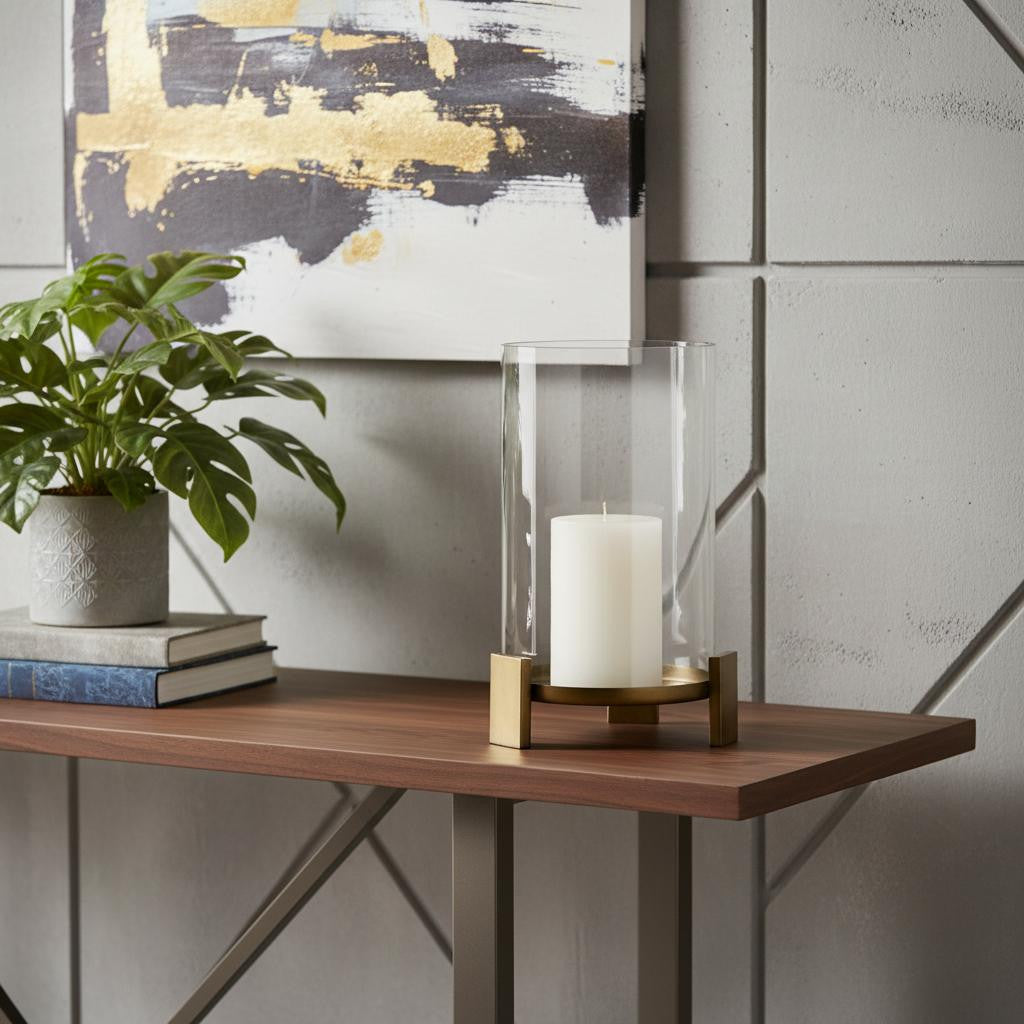 14 Antiqued Gold Geometric Glass And Metal Tabletop Hurricane Candle Holder