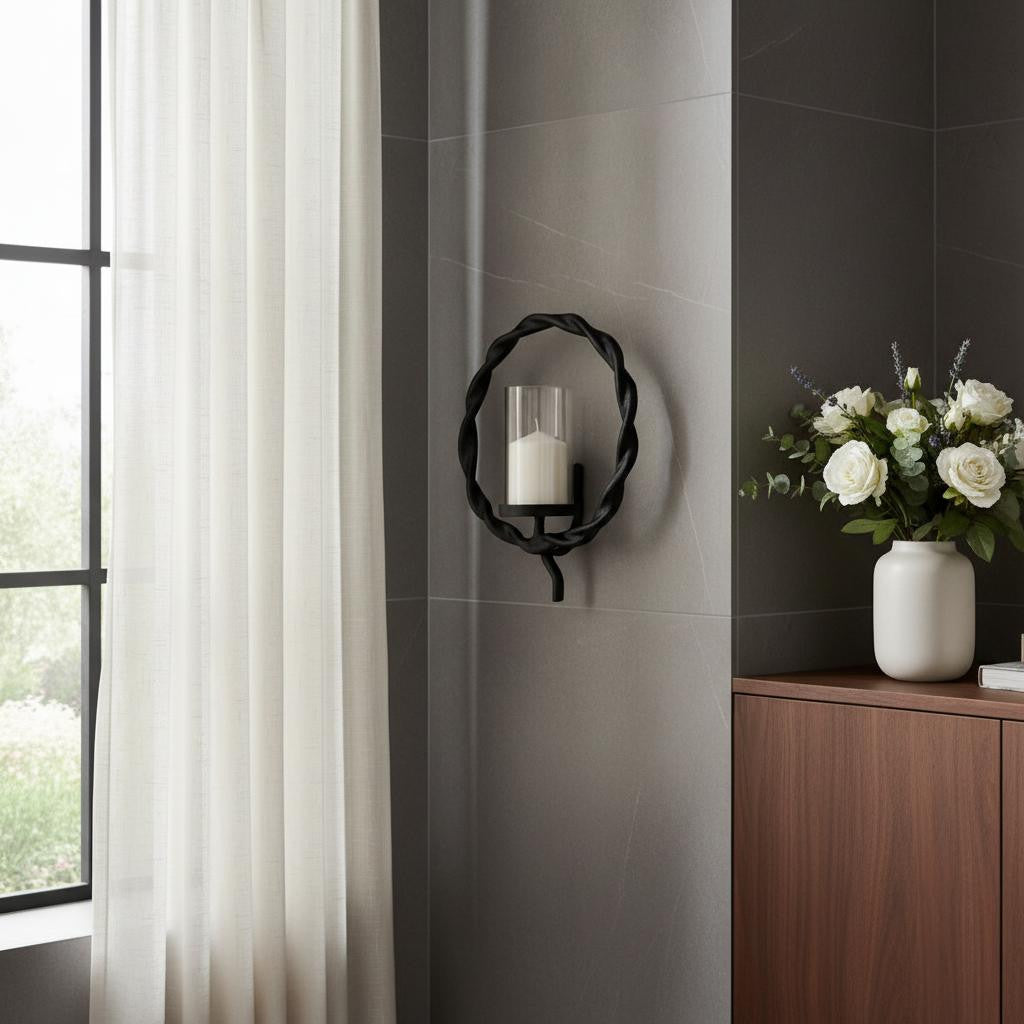 5 Black Distressed Geometric Metal And Glass Wall Sconce Candle Holder