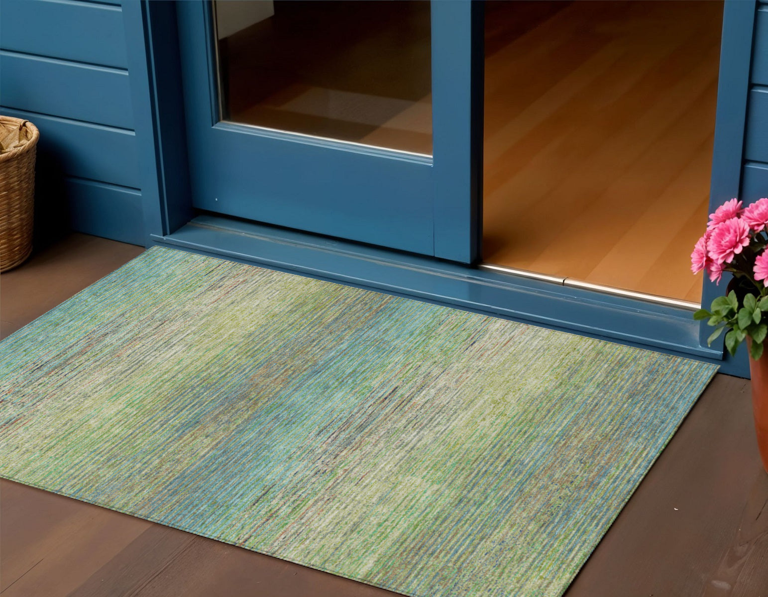 3 X 5 Artichoke Green Striped Washable Indoor Outdoor Area Rug