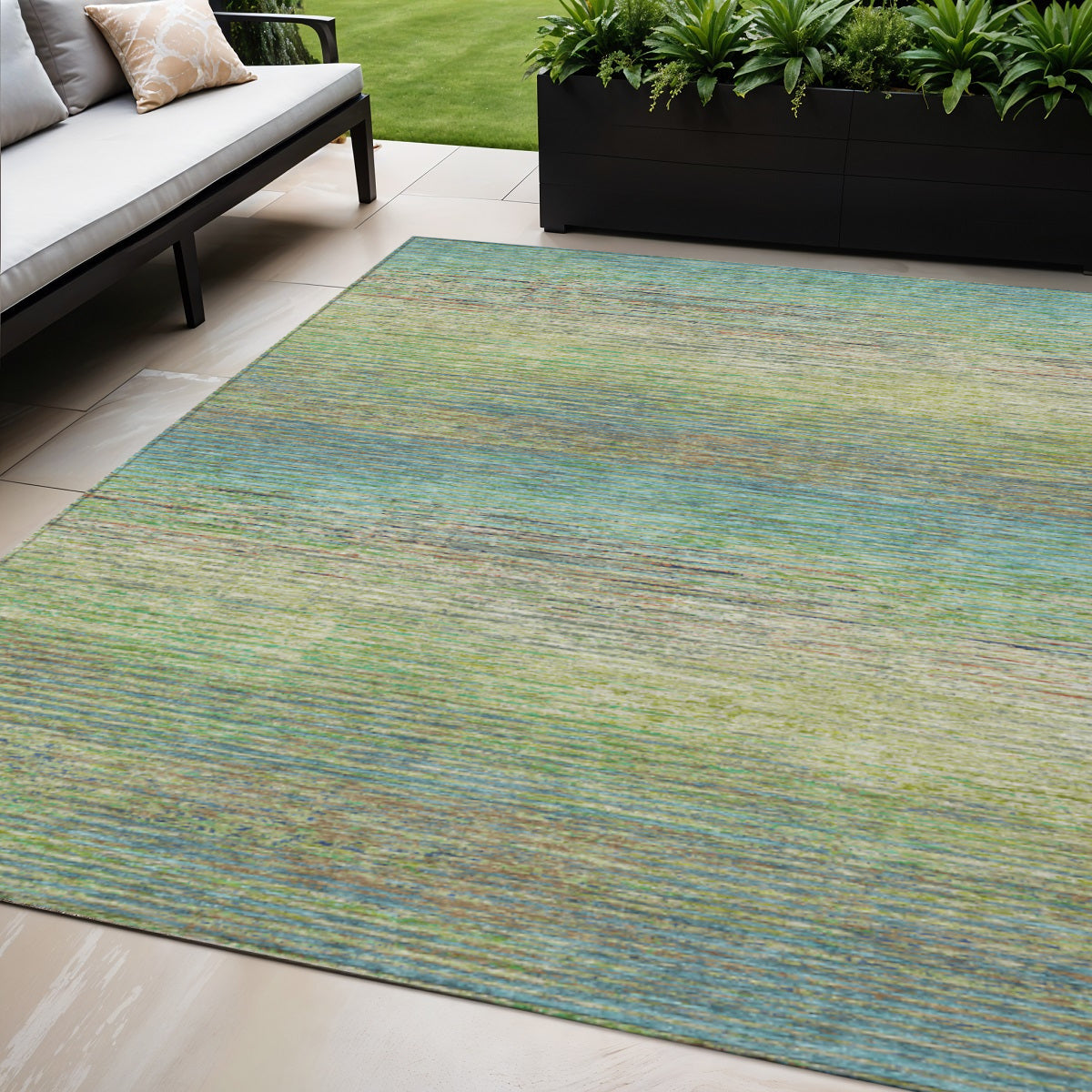 5 X 8 Artichoke Green Striped Washable Indoor Outdoor Area Rug