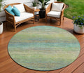 8 Artichoke Green Round Striped Washable Indoor Outdoor Area Rug