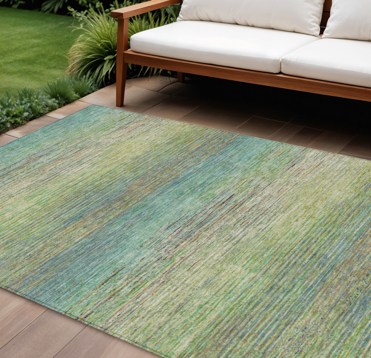 9 X 12 Artichoke Green Striped Washable Indoor Outdoor Area Rug