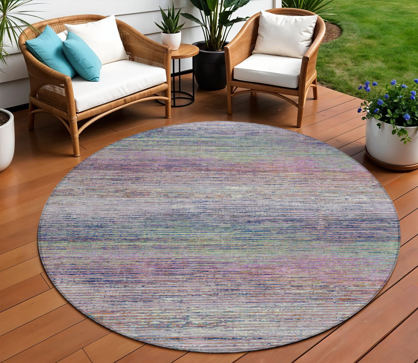 8 Blush Round Striped Washable Indoor Outdoor Area Rug