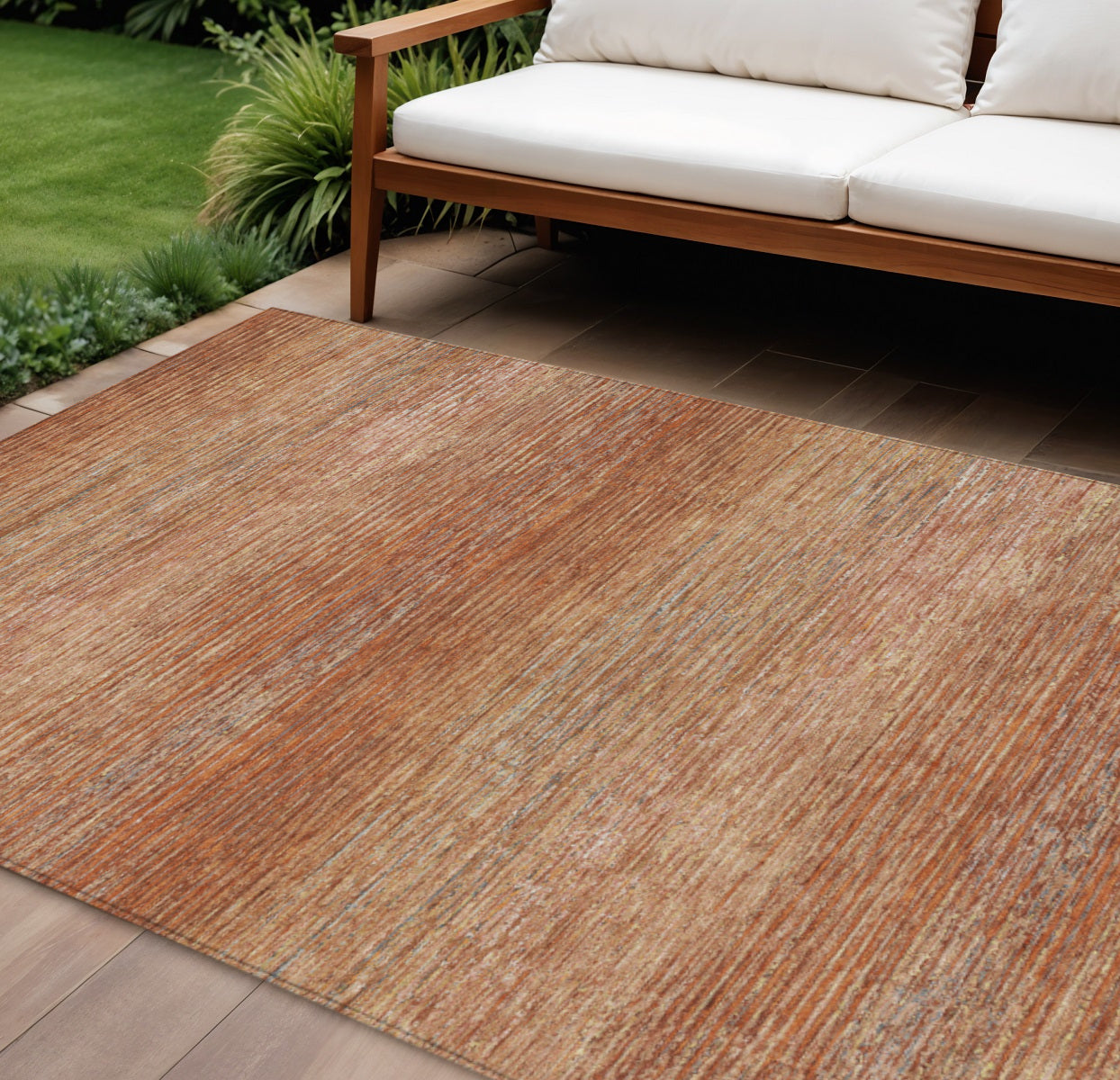 9 X 12 Copper Striped Washable Indoor Outdoor Area Rug
