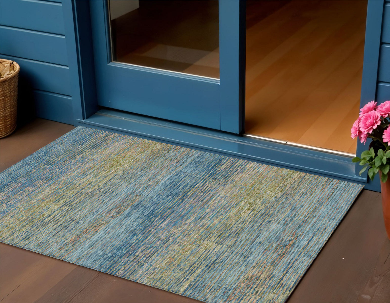 3 X 5 Denim Blue Striped Washable Indoor Outdoor Area Rug