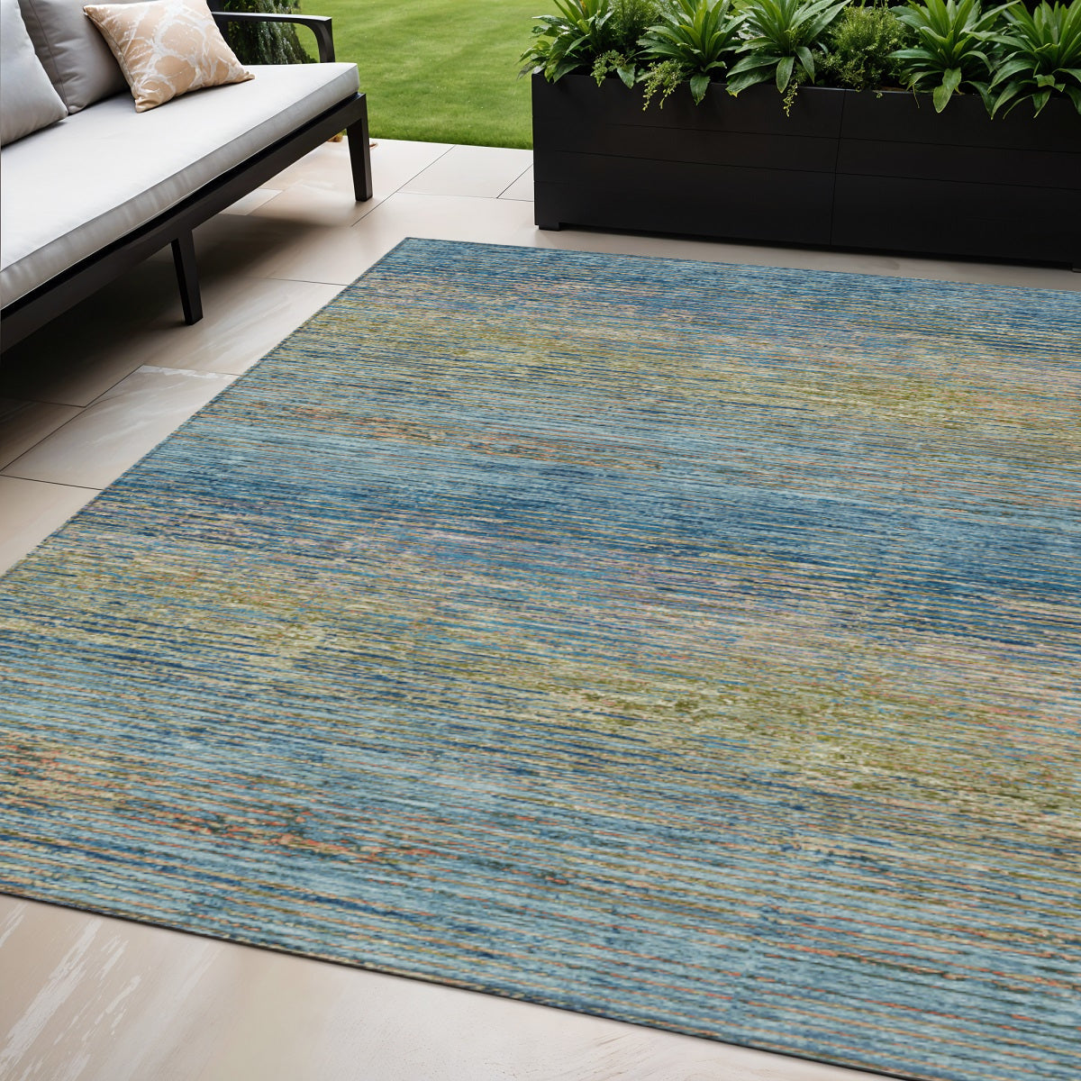 5 X 8 Denim Blue Striped Washable Indoor Outdoor Area Rug