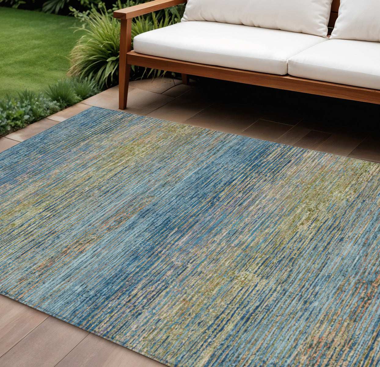 8 X 10 Denim Blue Striped Washable Indoor Outdoor Area Rug
