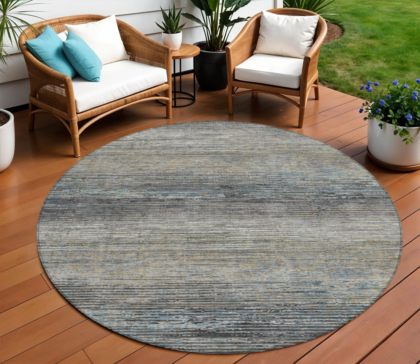 8 Granite Gray Round Striped Washable Indoor Outdoor Area Rug