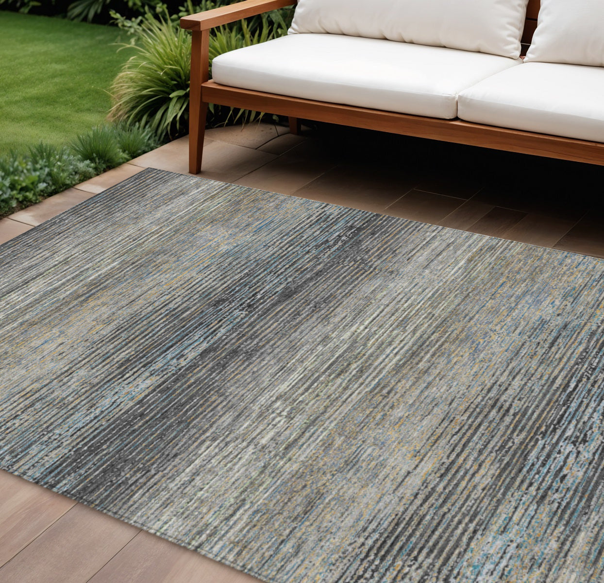 9 X 12 Granite Gray Striped Washable Indoor Outdoor Area Rug