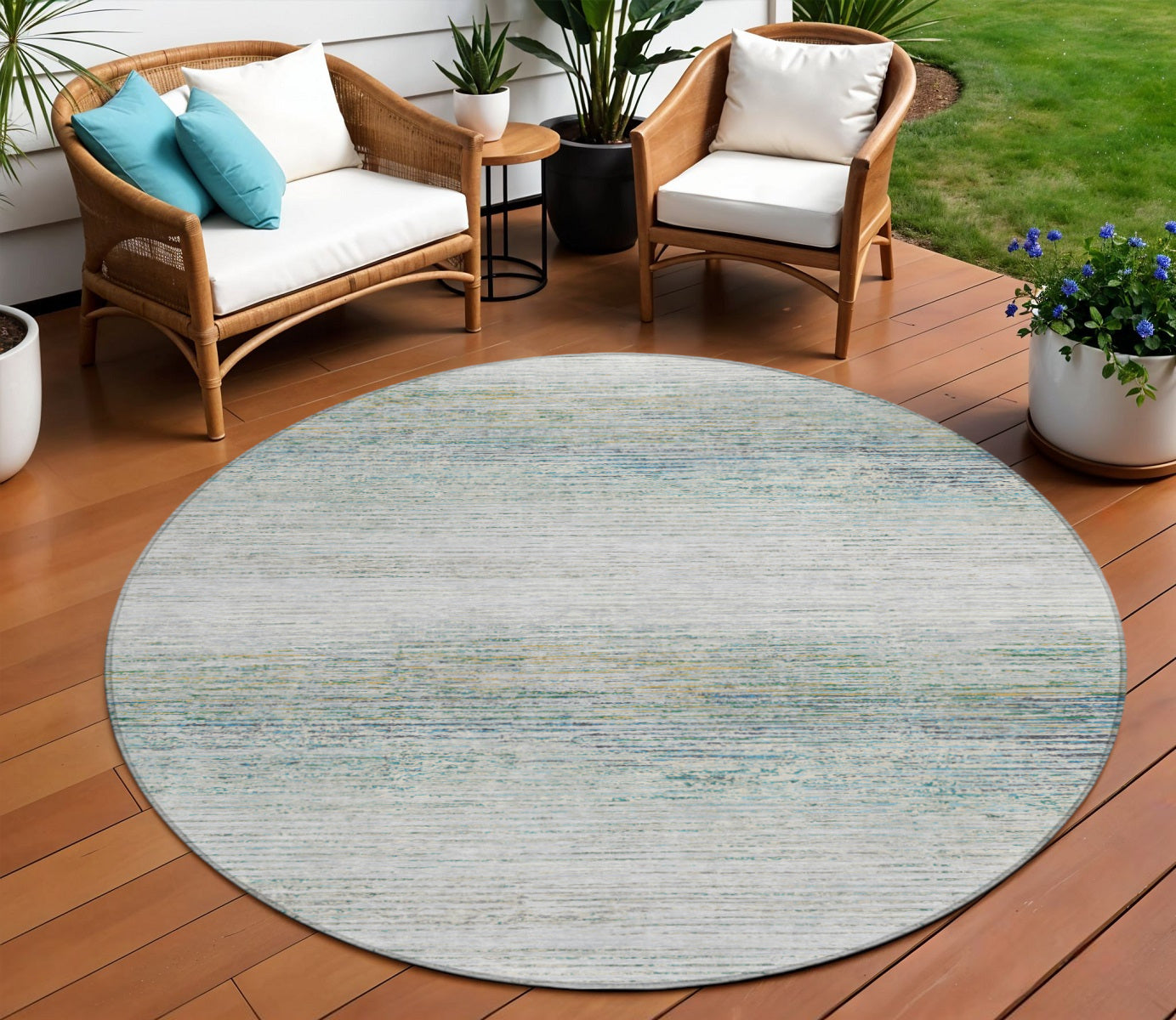 8 Linen Round Striped Washable Indoor Outdoor Area Rug