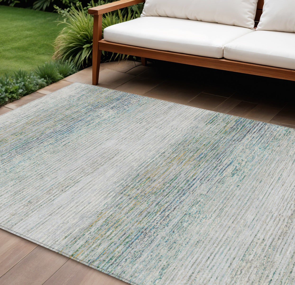 9 X 12 Linen Striped Washable Indoor Outdoor Area Rug