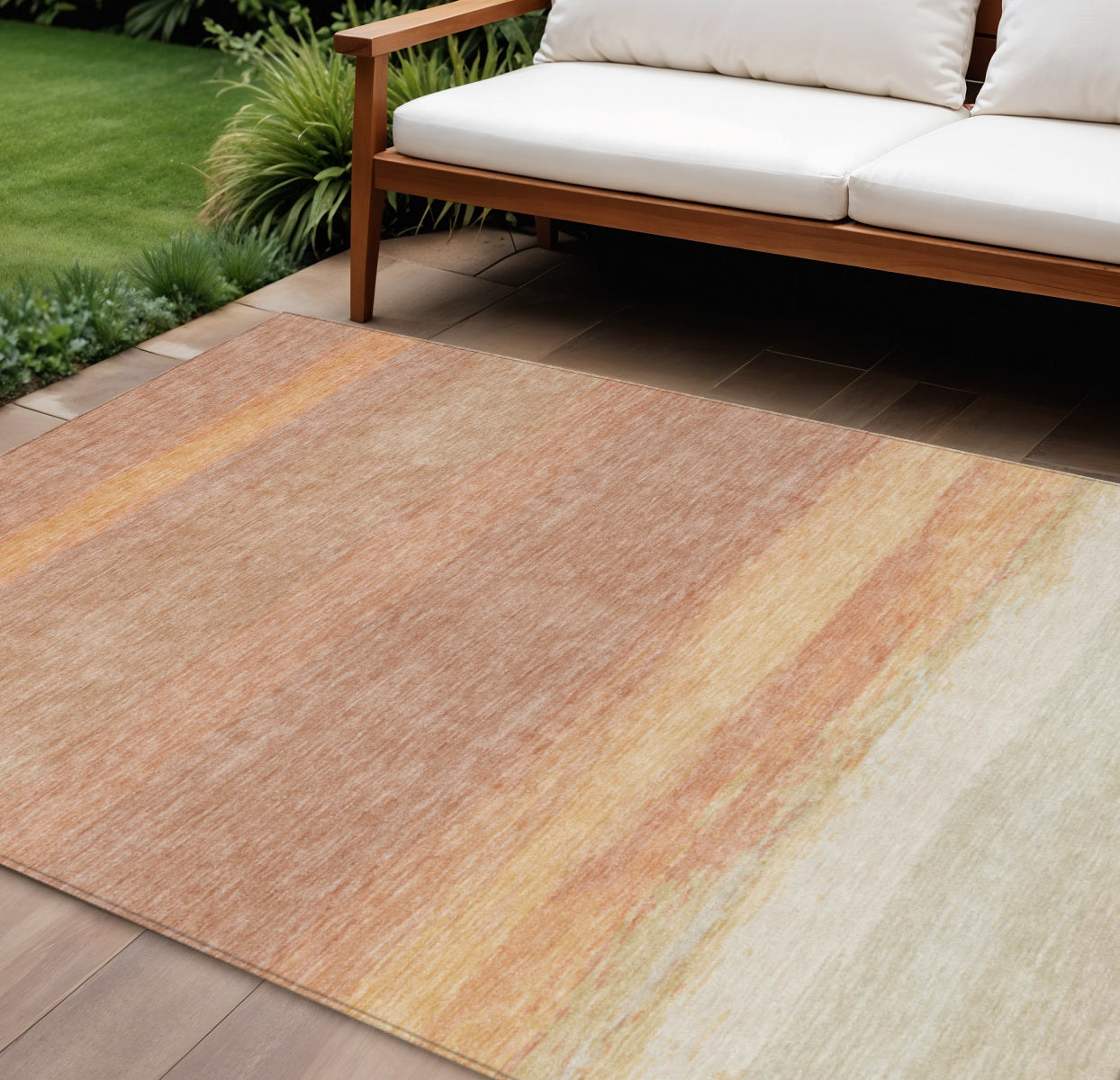 8 X 10 Salmon Striped Washable Indoor Outdoor Area Rug