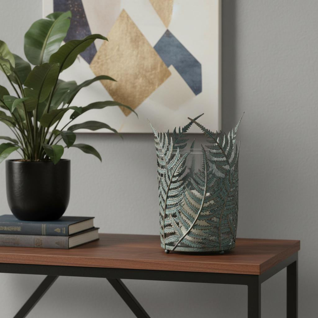 11 Green And Gold Distressed Botanical Leaf Metal Tabletop Hurricane Candle Holder
