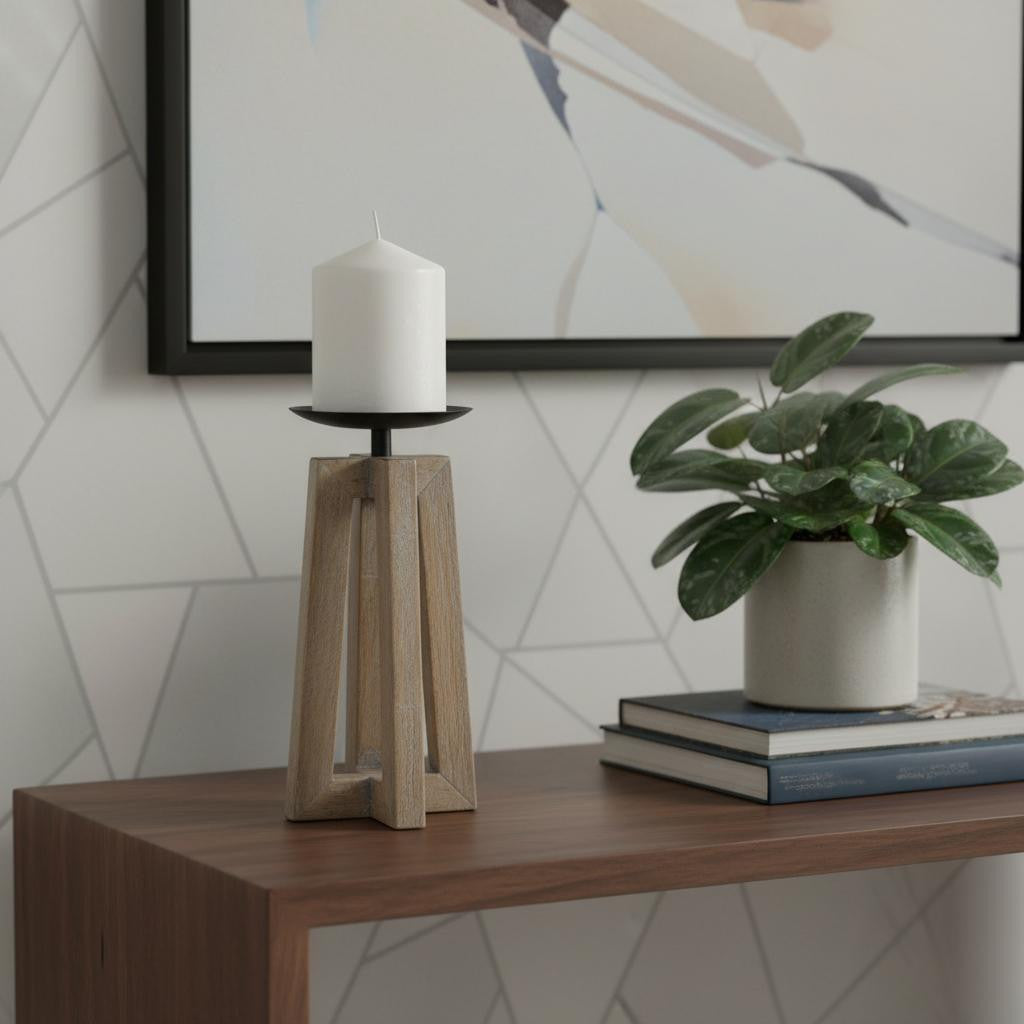 9 Light Brown Distressed Geometric Solid Wood And Metal Tabletop Pillar Candle Holder