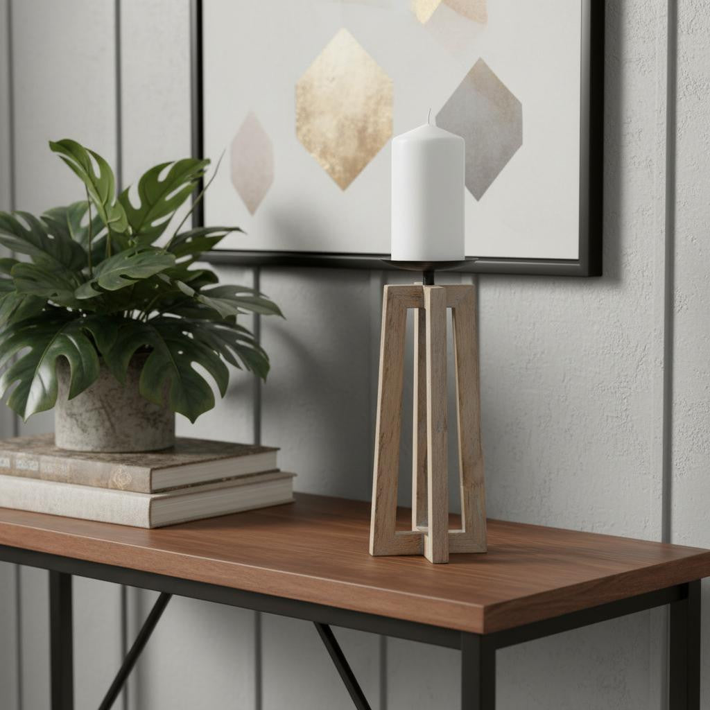 12 Light Brown Distressed Geometric Solid Wood And Metal Tabletop Pillar Candle Holder