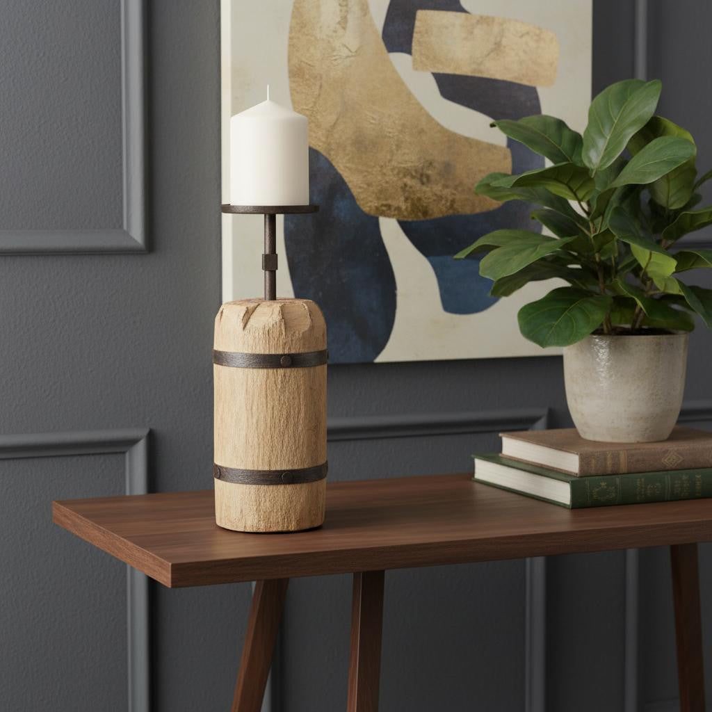 16 Brown Distressed Abstract Solid Wood Tabletop Pillar Candle Holder