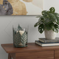 9 Green And Gold Distressed Botanical Leaf Metal And Glass Tabletop Hurricane Candle Holder