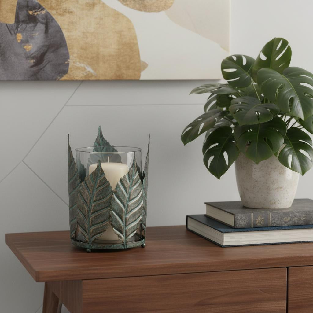 9 Green And Gold Distressed Botanical Leaf Metal And Glass Tabletop Hurricane Candle Holder