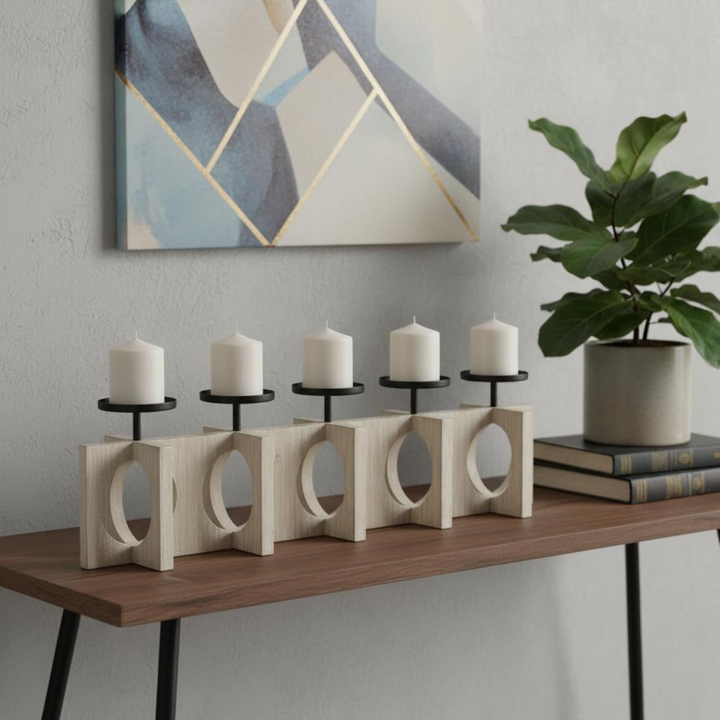 9 Black Distressed Geometric Solid Wood And Metal Tabletop Pillar Candle Holder