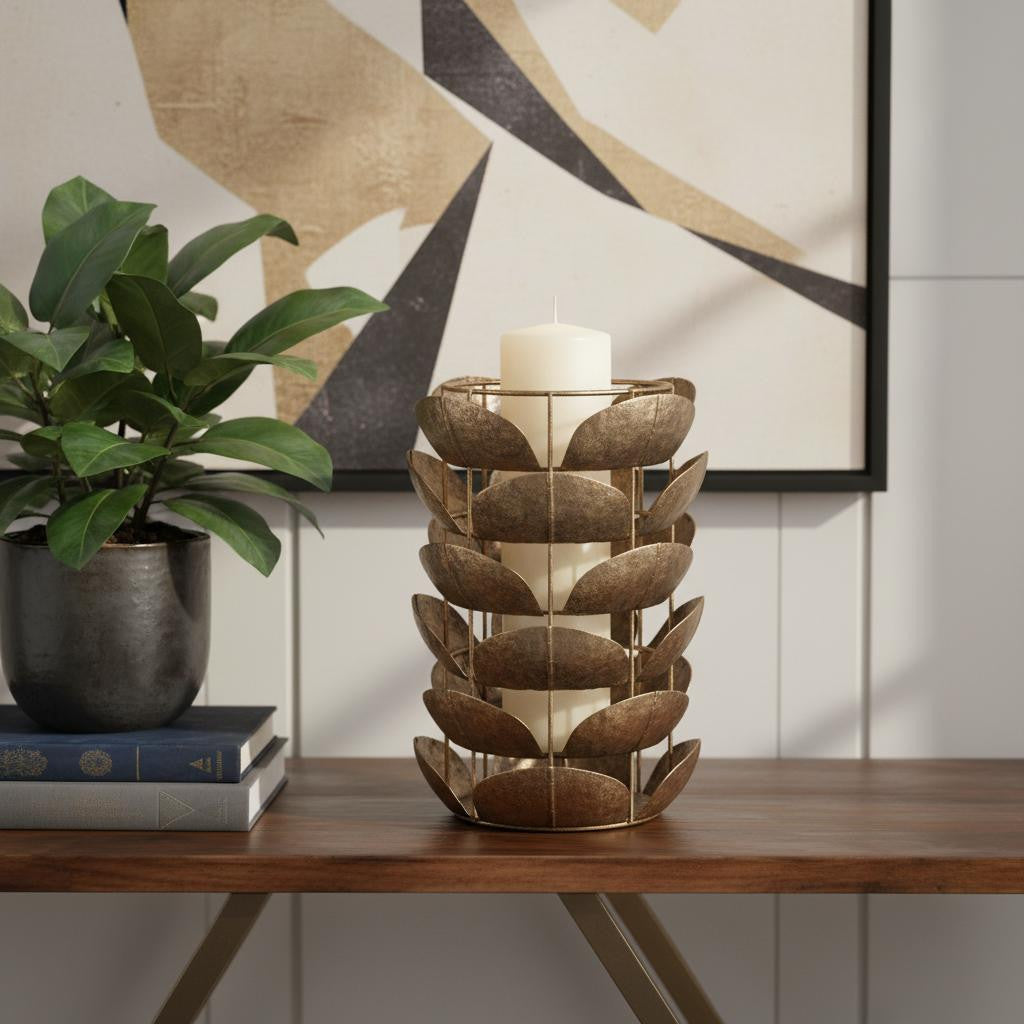 10 Bronze Distressed Botanical Leaf Metal Tabletop Hurricane Candle Holder
