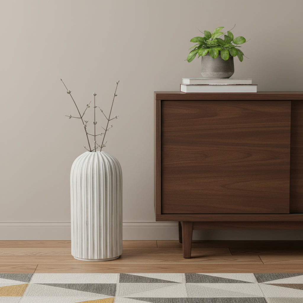 21 Gray And White Striped Ceramic Cylinder Floor Vase