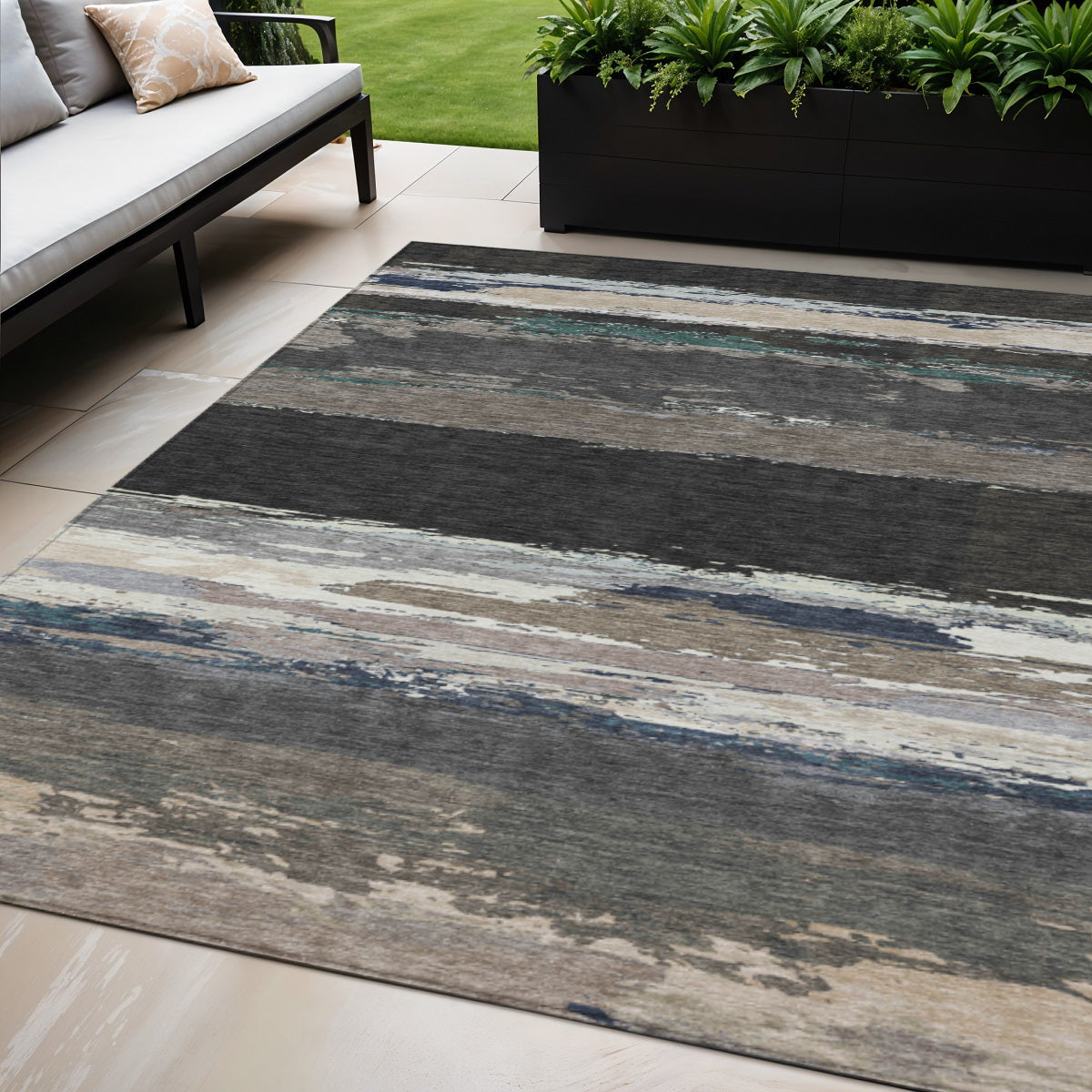 5 X 8 Black Abstract Washable Indoor Outdoor Area Rug