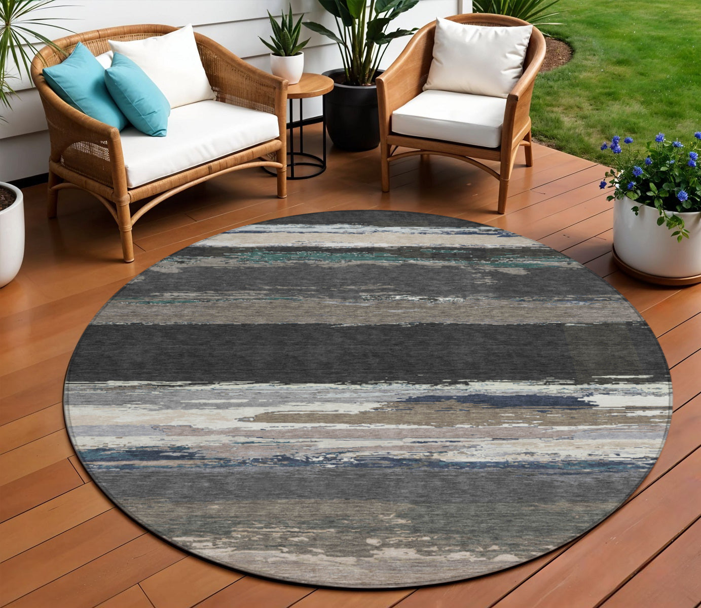 8 Black Round Abstract Washable Indoor Outdoor Area Rug