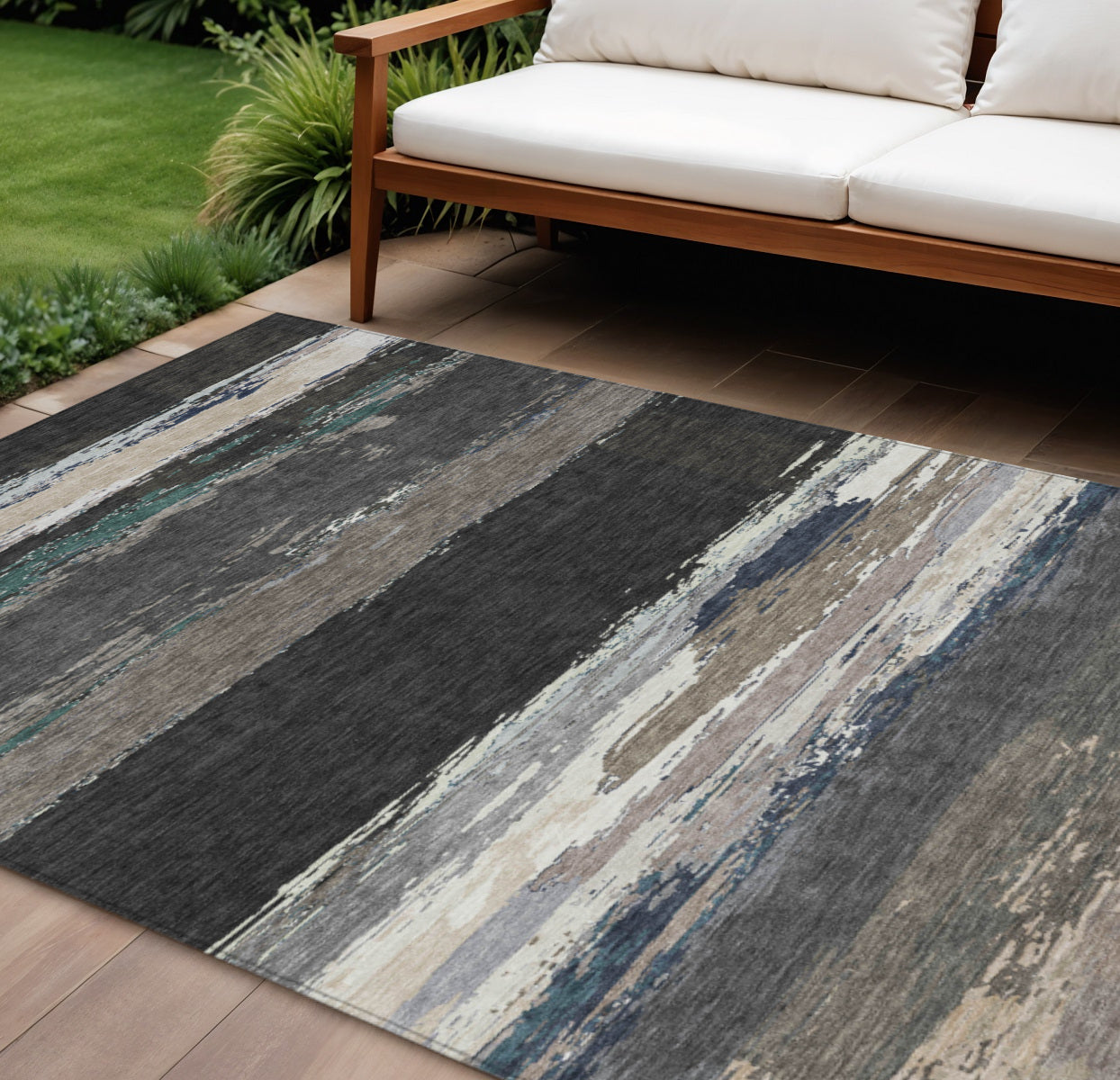 8 X 10 Black Abstract Washable Indoor Outdoor Area Rug