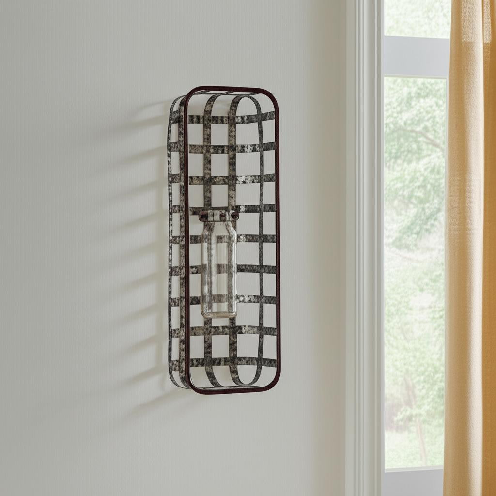 17 Black And Clear Glass Bottle And Metal Wall Vase