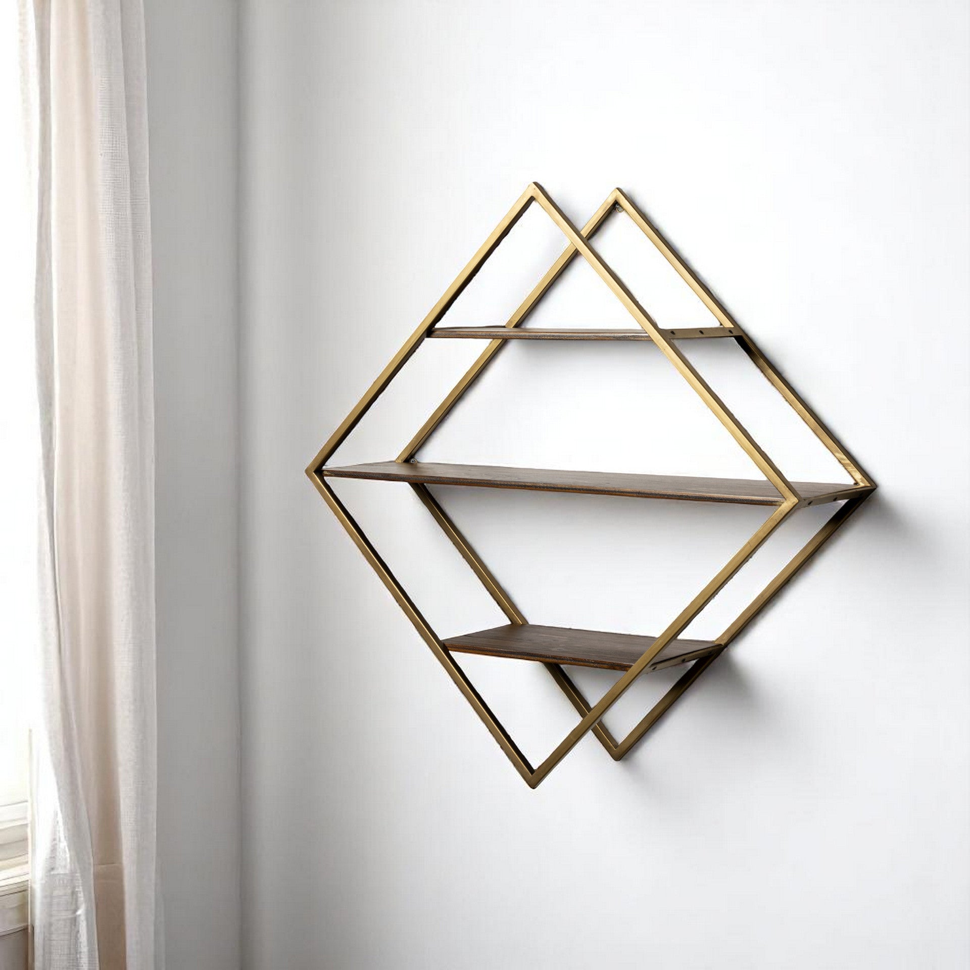 30 Antiqued Brass And Brown Metal And Solid Wood Diamond Shaped Accent Shelf
