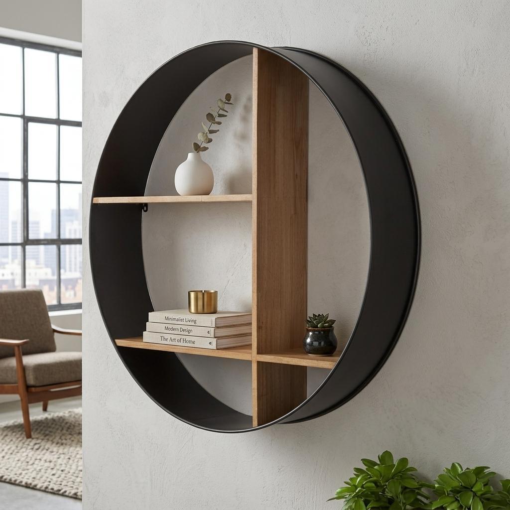 36 Black And Brown Metal And Wood Circular Multi Tier Shelf