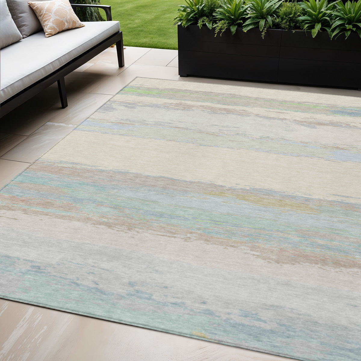 5 X 8 Ivory Abstract Washable Indoor Outdoor Area Rug