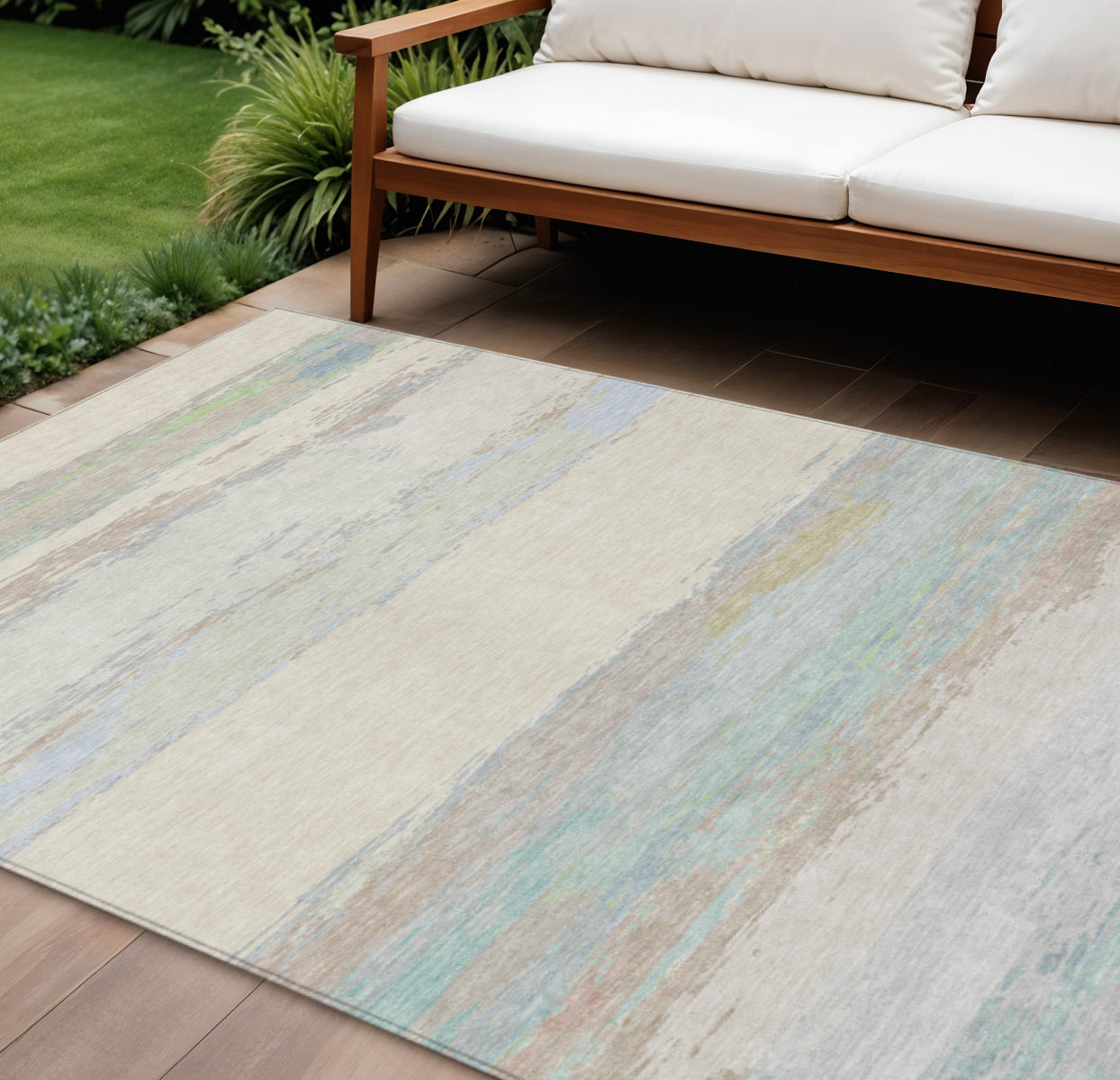 9 X 12 Ivory Abstract Washable Indoor Outdoor Area Rug