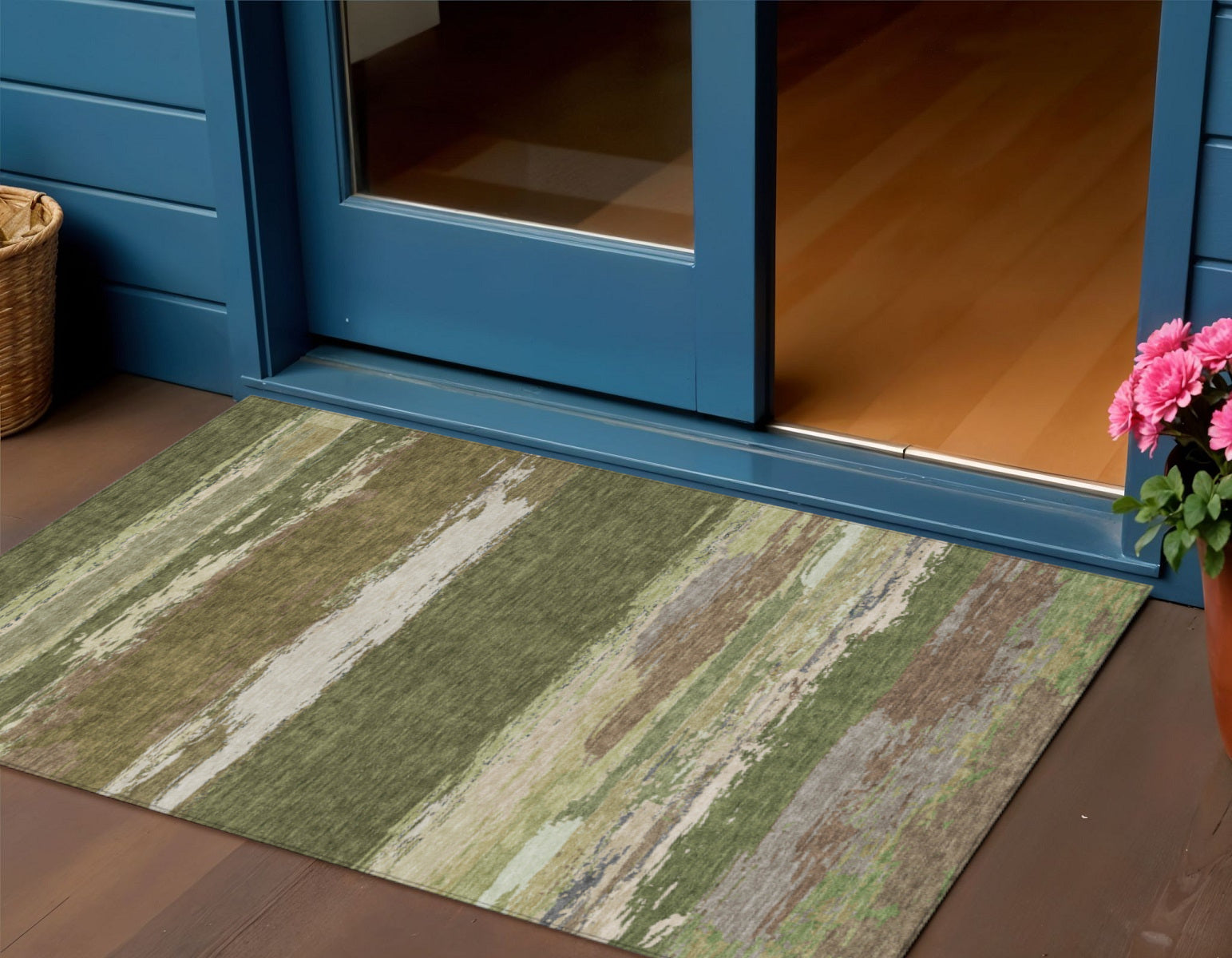 3 X 5 Olive Green Abstract Washable Indoor Outdoor Area Rug