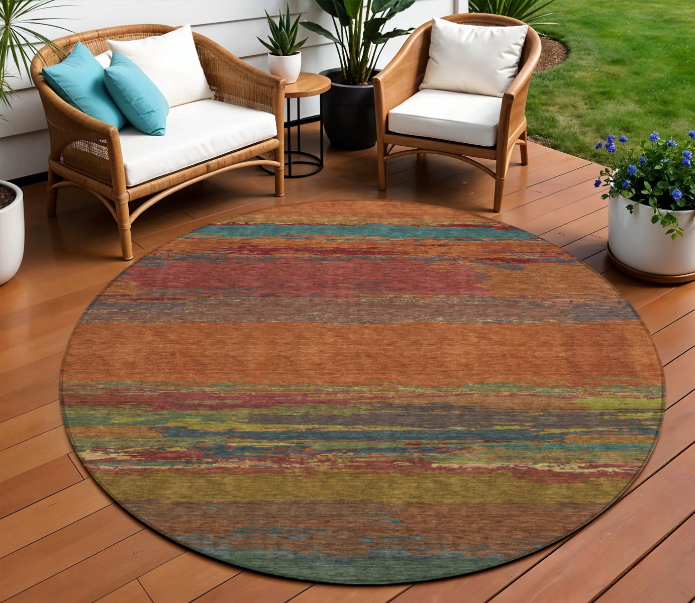 8 Terra Cotta Round Abstract Washable Indoor Outdoor Area Rug