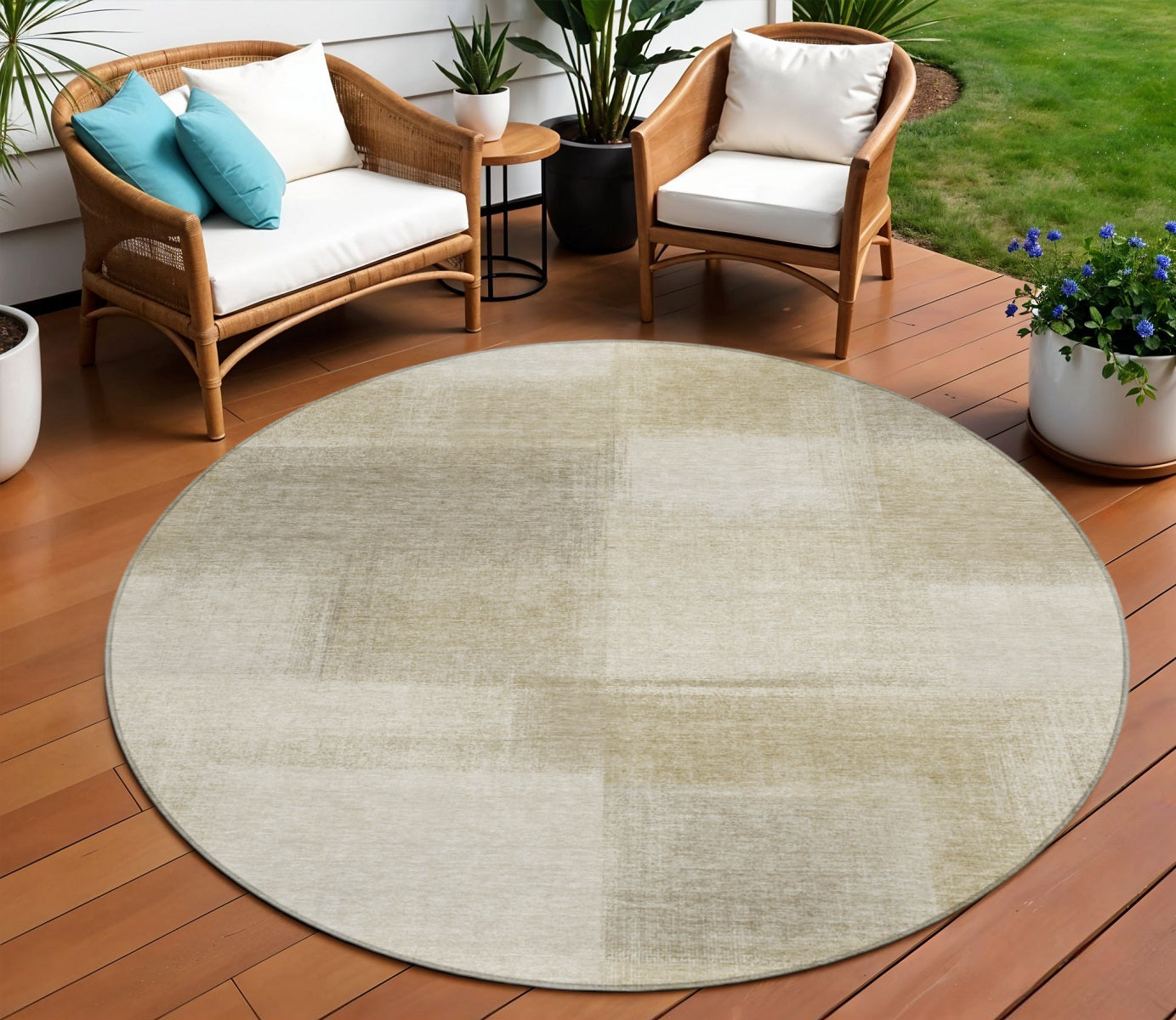 8 Taupe Round Geometric Washable Indoor Outdoor Area Rug