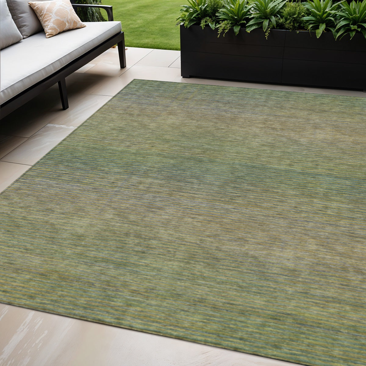 5 X 8 Fern Green Striped Washable Indoor Outdoor Area Rug