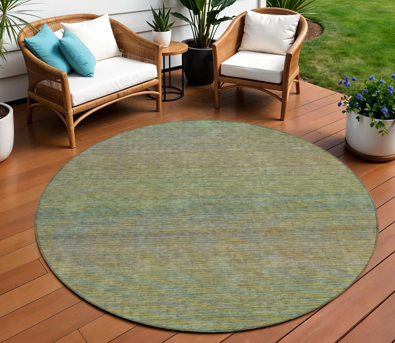 8 Fern Green Round Striped Washable Indoor Outdoor Area Rug