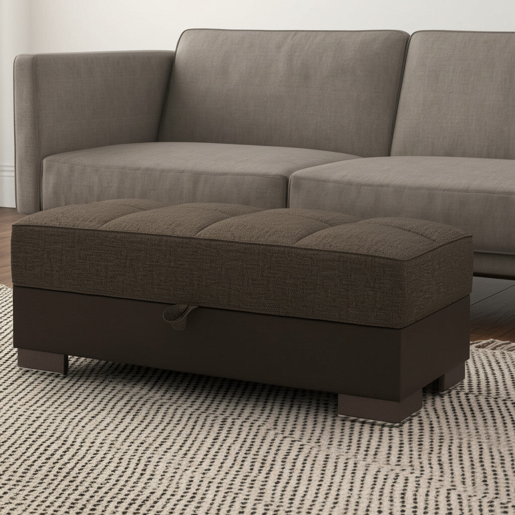 50'' Brown and Black Upholstered Fabric And Faux Leather Tufted Storage Ottoman