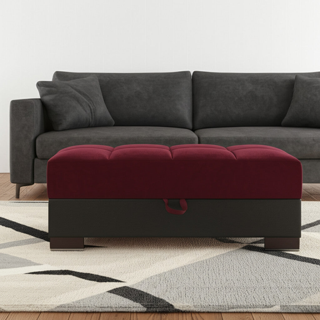 52'' Burgundy and Brown Microfiber And Faux Leather Tufted Storage Ottoman