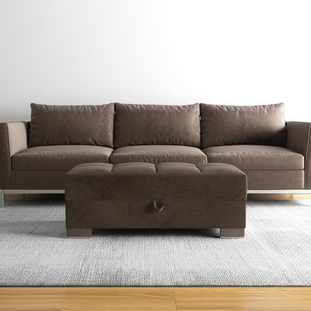 52'' Brown Tufted Chenille And Faux Leather Storage Ottoman