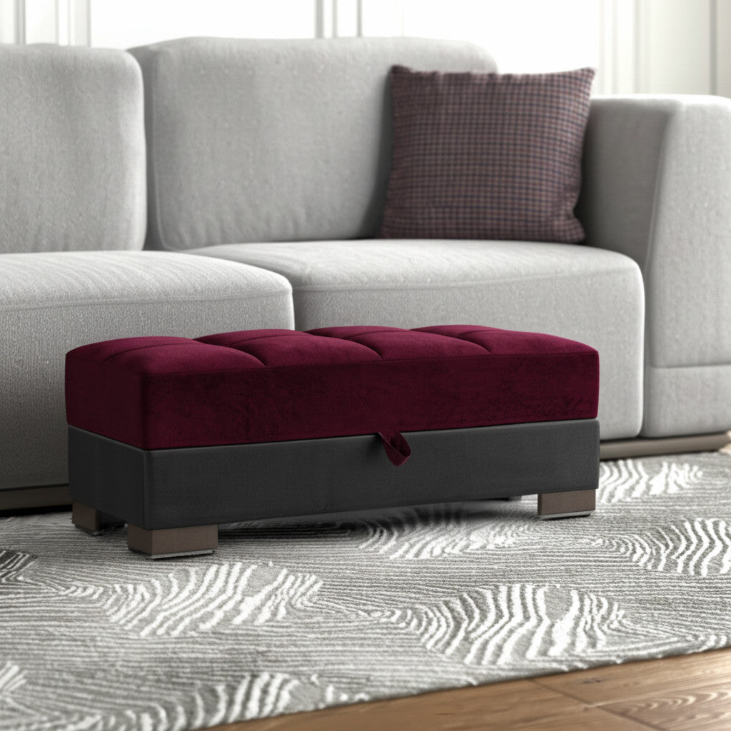 52'' Burgundy Black and Brown Faux Leather And Microfiber Tufted Storage Ottoman
